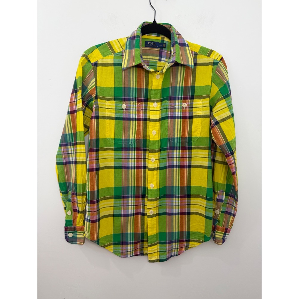 Polo Ralph Lauren Madras Plaid Button Down Shirt Womens Small Yellow Green